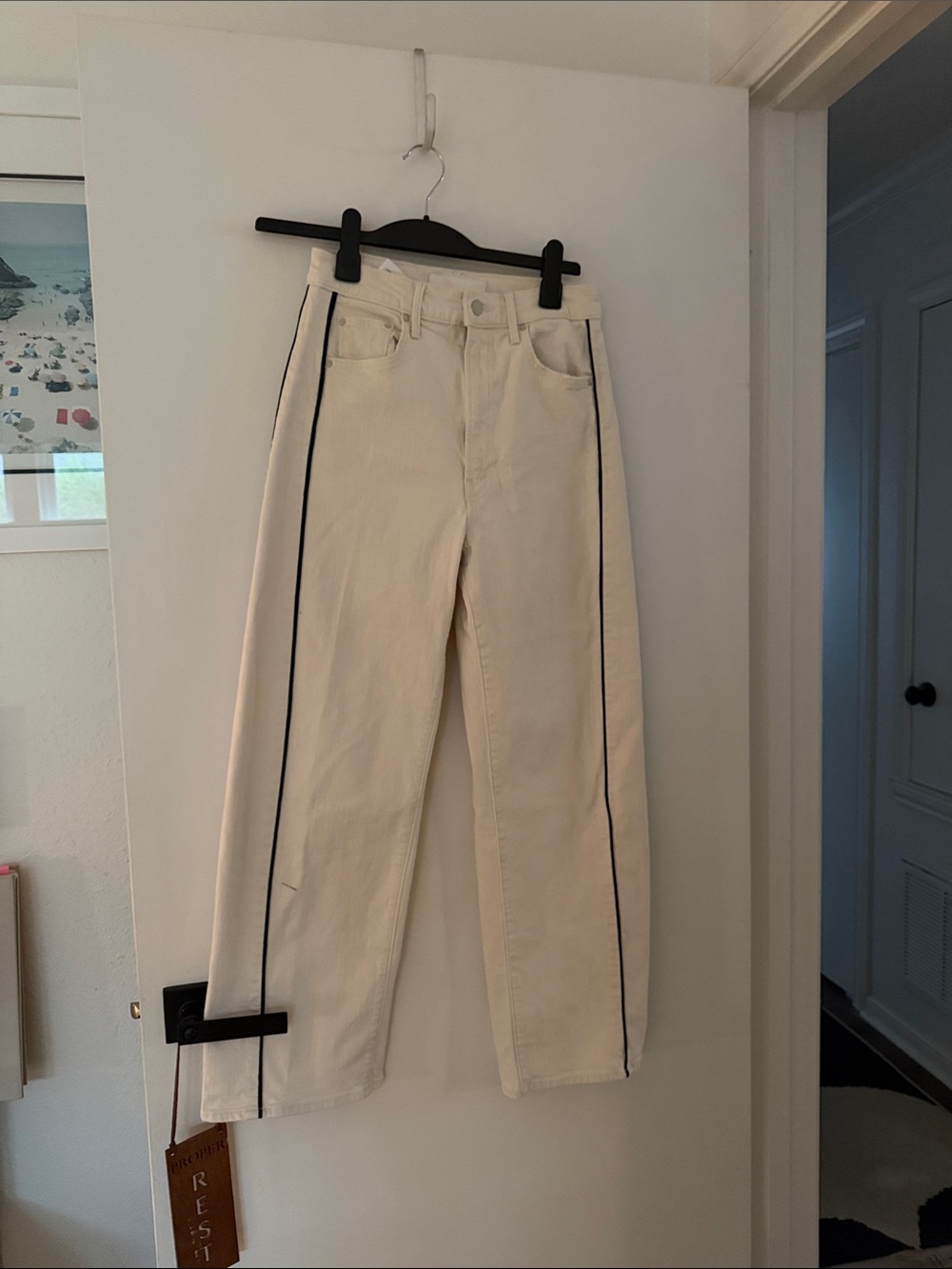 MOTHER Slim Straight Cream Jeans with Black Side Stripe
